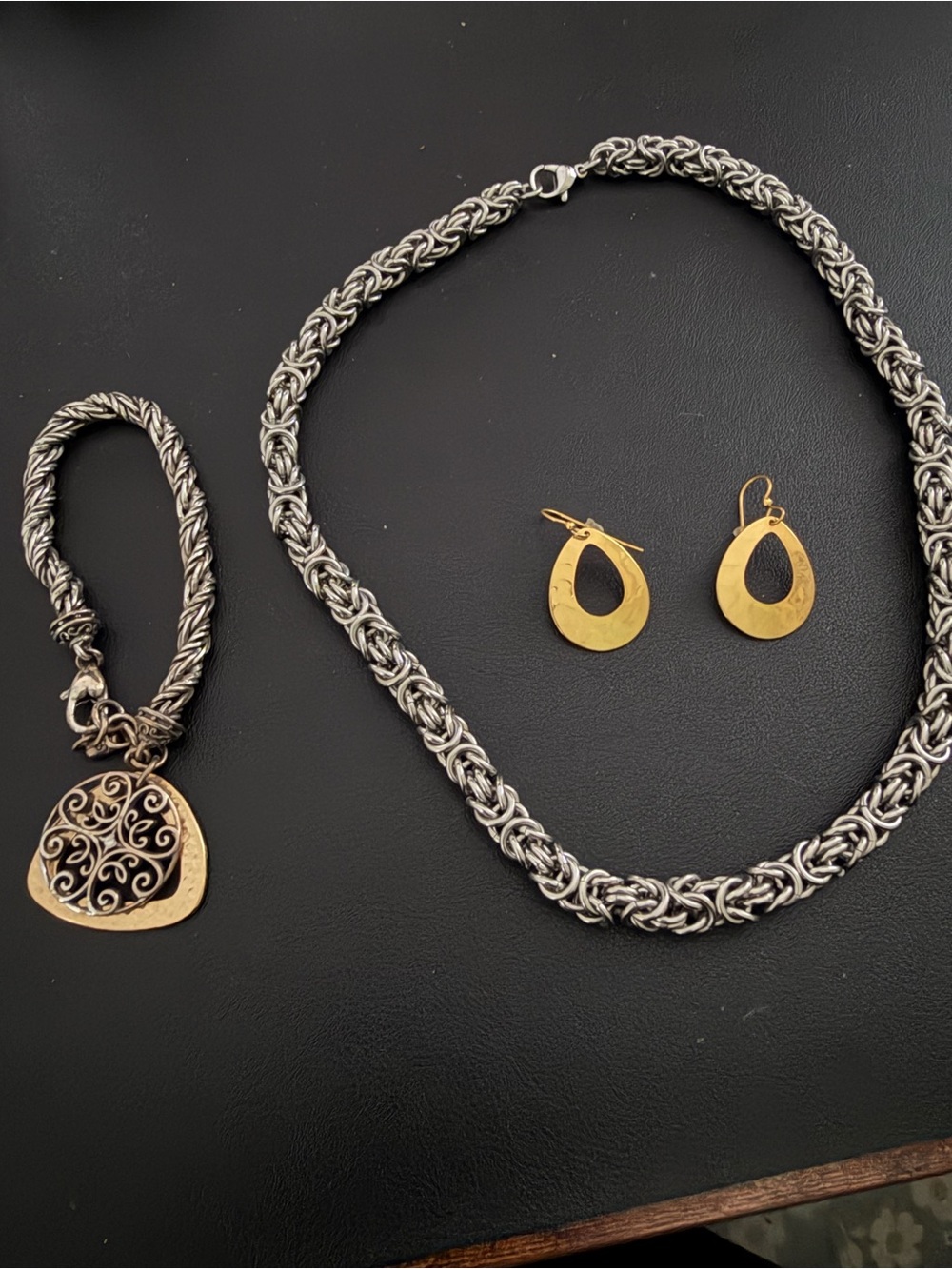 Gold Teardrop Earrings and Silver Rope Necklace Set - Unbranded